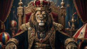 Pomni as a queen of the circus on a grand throne.