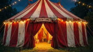 Uma tenda de circo vintage vermelha e branca com um banner SHOWTIME à noite.