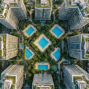 Bovenaanzicht van hoogbouw met zwembaden en palmbomen in een luxe stedelijke ontwikkeling.