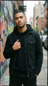 Jordan Mailata i avslappnad streetwear i en urban miljö.