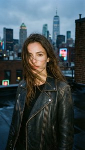 Sarah Jeanne Labrosse på ett tak i skymningen med en stämningsfull stadssilhuett i bakgrunden.