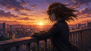 Emu Otori contempla o horizonte da cidade ao pôr do sol.