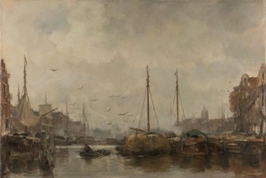 Cityscape by Jacob Maris, created c. 1885 - c. 1887, in canvas; oil paint (paint). Download this artwork as a high-resolution wallpaper for desktop, tablet, or — Jacob Maris Wallpaper