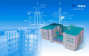 3D architectural model with technical blueprints overlaid on a blue gradient background. — Blue Geometric Background