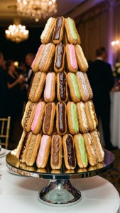 Uma impressionante torre de vários éclairs em um suporte espelhado.
