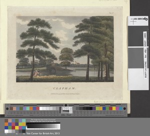 Clapham by William Ellis, in Aquatint, hand-colored. Download this artwork as a high-resolution wallpaper for desktop, tablet, or mobile. — William Ellis Wallpaper