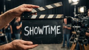 Et nærbillede af en vintage klaptavle med SHOWTIME-tekst på et filmsæt.