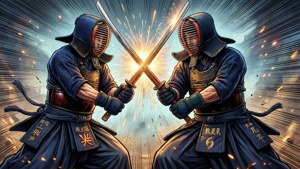 Uno scontro dinamico in stile manga di due colpi di kendo.
