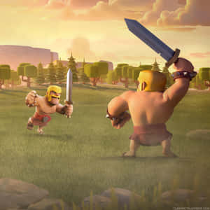 Two cartoon barbarians fighting with swords in a grassy field at sunset. — Clash Of Clans Picture