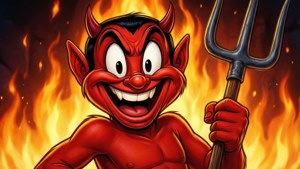 Fondo de pantalla de dibujos animados de un clásico diablo rojo con cuernos, horca y llamas.