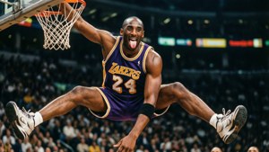 Kobe Bryant midair dunking basketball in Lakers jersey with crowd behind. — Kobe Bryant Picture