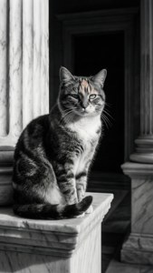 Ett dramatiskt svartvitt porträtt av en Colorpoint Shorthair katt.