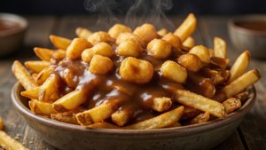 Lækkert makroskud af Quebecs ikoniske poutine med ostemasse og sovs.