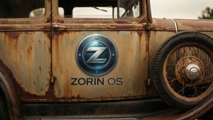 Retro tapet med Zorin-logo på vintagebil, sepia-toner