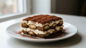 Un primo piano fotorealistico di una fetta classica di tiramisù su un piatto bianco con luce naturale soffusa