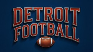 Klassinen typografinen taustakuva Detroit Lionsille, jossa 'DETROIT FOOTBALL' ja jalkapallografiikka