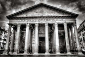 The Pantheon in Rome under dramatic storm clouds with its iconic columns and inscription. — Classical Music Picture