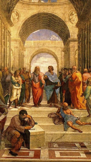 Scholars in classical robes debate philosophy in a stone courtyard under arches. — Aristotle Picture