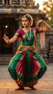Laxmi Narayan Tripathi i silkekjole som utfører Bharatanatyam-dansestilling