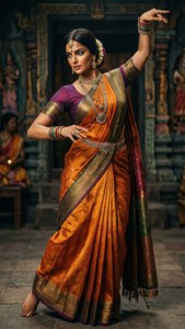 Sonam Kapoor in a silk saree doing a dance pose at a temple, cultural and elegant. — Sonam Kapoor Picture
