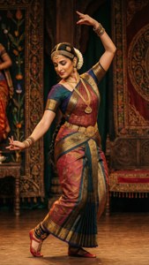 Kangna Ranaut i en silkesari som utför en klassisk danspose, kulturell elegans.