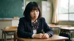 Runa Yomozuki in een schooluniform met een lolly, die er verveeld uitziet.