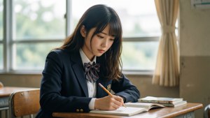 Haruka Hashida studying in a sunlit classroom, peaceful school life scene.
