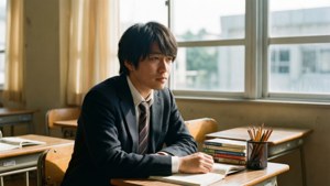 A student in a school uniform sits at a desk in a classroom, looking thoughtful.