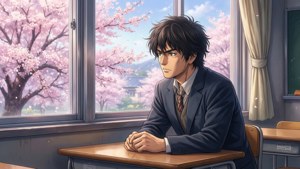 Kyotaro Ichikawa katselee luokkahuoneen ikkunasta kirsikankukkia keväällä