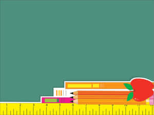 Materiais escolares coloridos, incluindo lápis, régua e maçã em um fundo de quadro verde. — Teacher Aesthetic Papéis de Parede