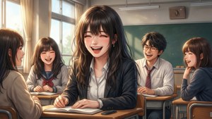 Sumire Kanou teilt einen fröhlichen Moment mit Freunden in einem sonnigen Klassenzimmer.