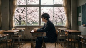 Haruki i et klasselokale kigger ud på kirsebærblomster, nostalgisk og melankolsk