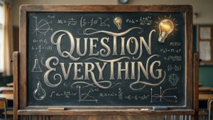 En tavle med 'QUESTION EVERYTHING' skrevet i kursiv, omgivet af ligninger og pære-doodles