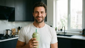 Aziz Shavershian Zyzz holder en proteinshake i et lyst moderne køkken