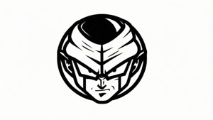 En minimalistisk bakgrunn med Majin-symbolet på en hvit bakgrunn.