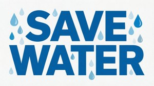 Een gedurfd typografisch ontwerp met de zin 'BESPAAR WATER' en druppeliconen.