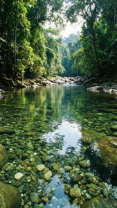 Ein klarer Fluss, der den üppigen Regenwald darüber in einem tropischen Paradies widerspiegelt.