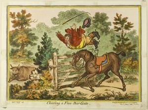 Clearing a Five-Bar Gate by James Gillray, created published August 20, 1805, in Hand-colored etching, slightly aquatinted on paper. Download this artwork as a — Illustration Background