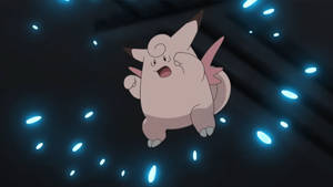 En lyserød anime Pokémon omgivet af glødende blå partikler i en mørk scene. — Patsy Cline Wallpapers
