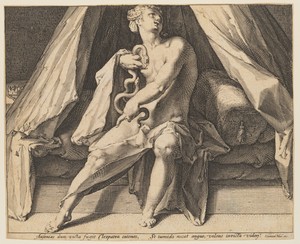 Cleopatra by Jan Harmensz. Muller, created c. 1590-95, in Engraving on ivory laid paper. Download this artwork as a high-resolution wallpaper for desktop, table — Illustration Background