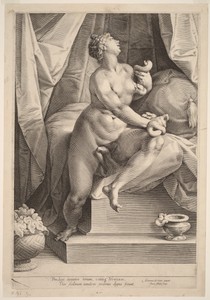 Cleopatra by Jan Harmensz. Muller, created c.1598, in engraving on laid paper. Download this artwork as a high-resolution wallpaper for desktop, tablet, or mobi — Jan Harmensz. Muller Wallpaper