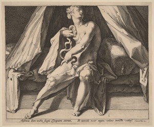 Cleopatra by Jan Harmensz. Muller, created c.1592, in engraving on laid paper. Download this artwork as a high-resolution wallpaper for desktop, tablet, or mobi — Jan Harmensz. Muller Wallpaper