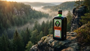 Botol Jägermeister di tebing yang menghadap lembah hutan pada jam emas.
