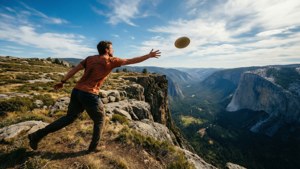 Disc golfspiller kaster fra en klippe med udsigt over dalen.