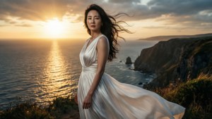 Jun Ji Hyun in a white silk dress at sunset cliff
