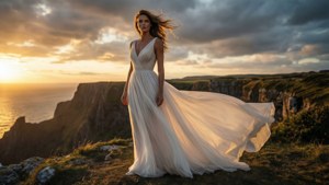 Anja Rubik poserer på en klippe ved solnedgang i en hvit kjole
