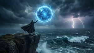 Una figura incappucciata raggiunge un globo blu su un mare in tempesta.