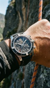 Breitling-horloge om de pols dat een klimtouw op een klif vastgrijpt