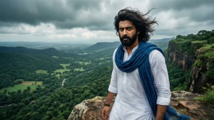 Dhadak-karakteren Madhav ved klippekanten med dramatisk himmel