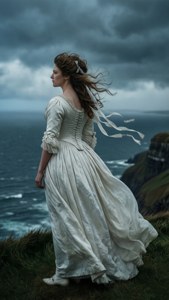 Moody Regency woman on a windswept cliff overlooking a stormy sea